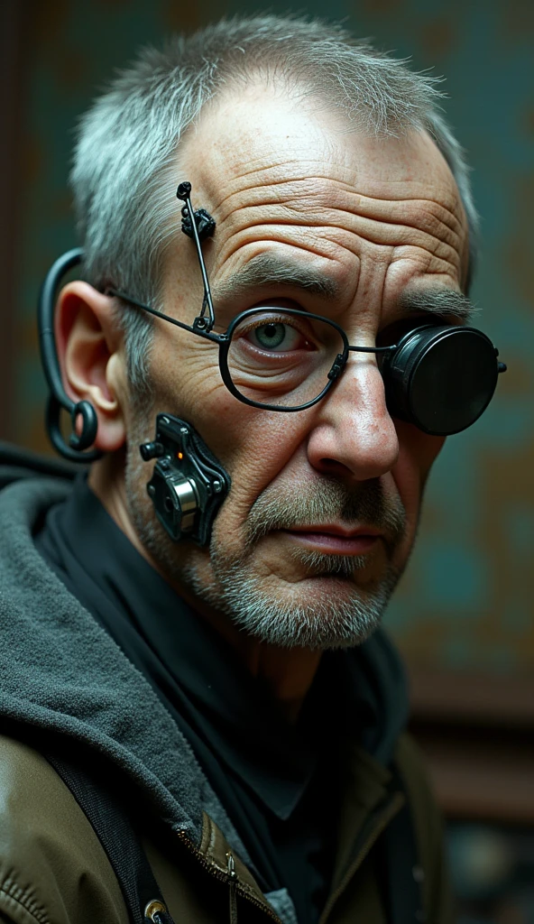 An elderly , cyberpunk, realistic (1.4)  with electronic facial implants,  neutral feature ,  monocle implanted 