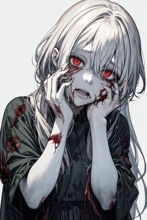 (masterpiece:1.2, Highest quality), (Actual Photos, Intricate details), (1 female, 一人in, Upper Body, Small breasts) ,Scary atmosphere、Distorted facial expressions、Horror Art、Bloodの雨、Bloodを流す、Bloodしぶき、悪魔のeye、redいeye、scar、、火scar、whole body、破かれた奴隷Clothes、ボサボサのhairの毛、長いhair、eyeにかかる長さの前hair、、黒hair、(((eyeの下のクマ)))、青whiteいskin、Feeling unwell、Pathological、邪悪な笑face、狂ったeye、(Grin)Dramatic makeup,Create mixed media art、white色のbackground(zombie:1.2),Horror 1 Girl, 一人in, lupong_hair, Looking_in_Audience, Open_mouth, , red_eye, lupong_sleeve, white_background, 奴隷Clothes, white_hair, teeth, white_奴隷Clothes 破れた_Clothes, Blood, Tilt_forward, colored_skin, bandage, Injury, Blood_upon_face, bandageを巻いた_arm, Blood_upon_Clothes, zombie, Blood_upon_hand
