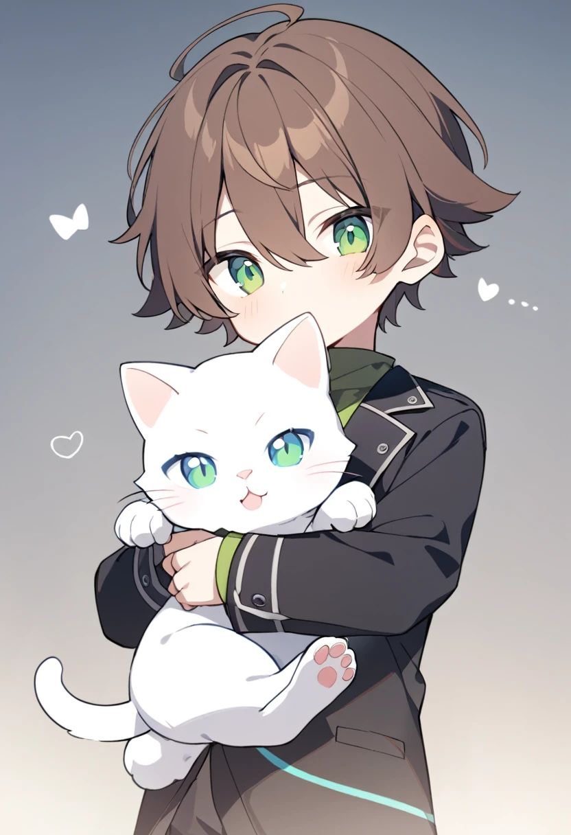  1 boy 、Brown Hair(( Very Short))、 hair between eyes、 green eyes、🩵、black jacket、 holding a white cat