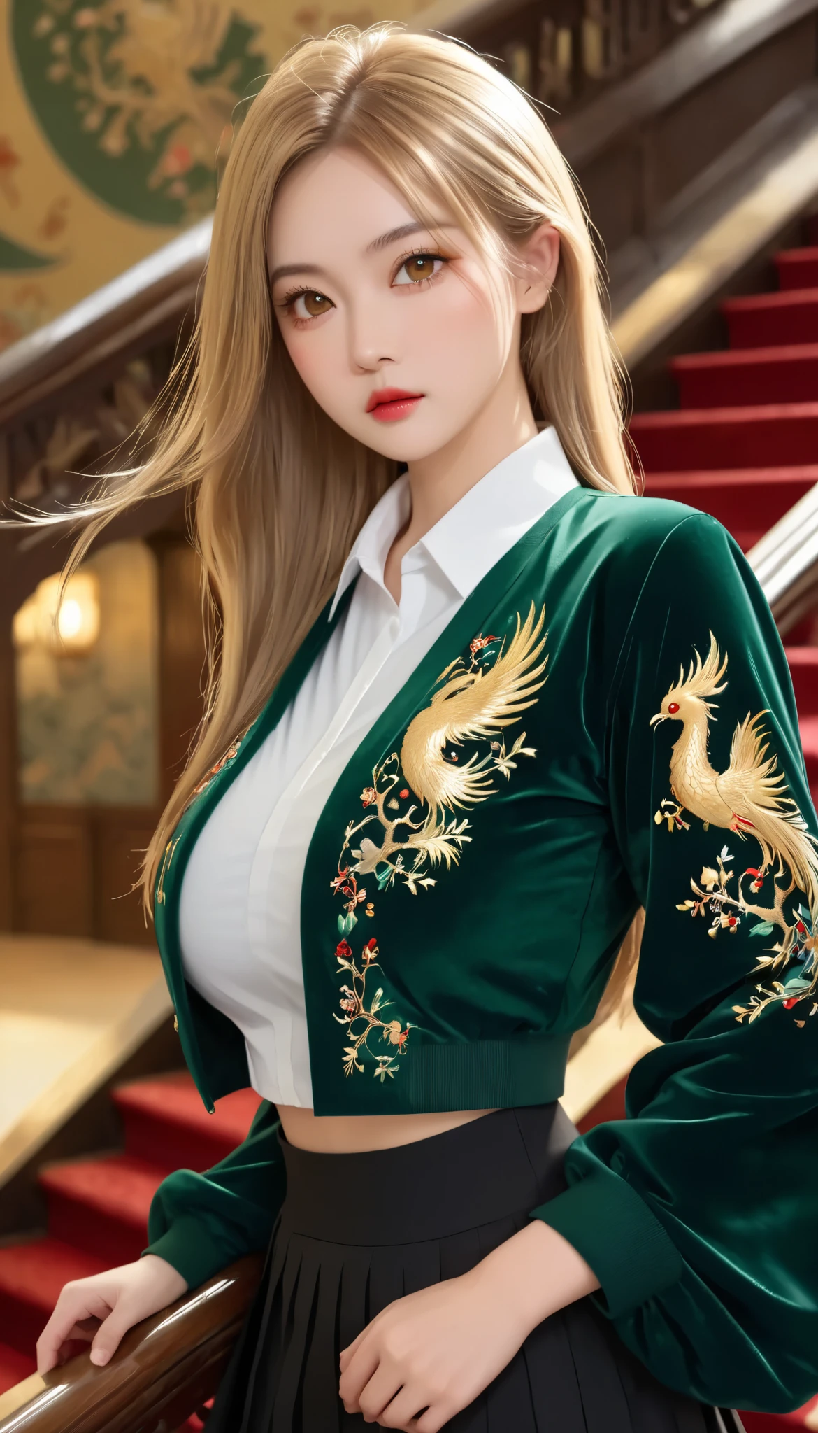 light particles, soft lighting, volumetric lighting, intricate details, finely detailed,1girl, solo, office worker, full body shot, (nudity:0.9), (beautiful medium and ample breasts:1.5) and a huge waist,blonde hair, long hair, high ponytail,red eyes, long eyelashes, thick eyelashes, looking at viewer, (dark green velvet fabric jaket, white shirt, black skirt:1.2), jacket with a snow and golden phoenix embroidery, Long skirt of deep red velvet fabric, puffy sleeves, juliet sleeves, (long sleeves:1.2), Banner with a snow and golden phoenix embroidery, , (walking down the large, luxuriously decorated staircase:1.3)、,gorgeous tapestry wallpaper, from side,