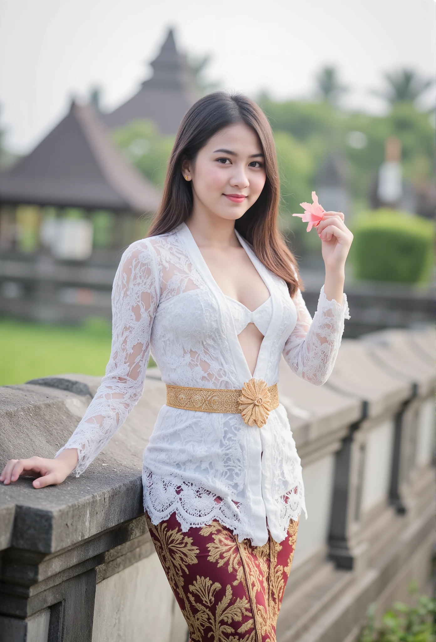 (masterpiece, best quality:1.2), 1 hijab girl, ((wearing hijab)), (medium breast, cleavage cutout), Alone, flower, kebaya_Bali, white_kebaya_bali, stands on bridge, smiling, Bali temple background, beach, side view, buttocks
