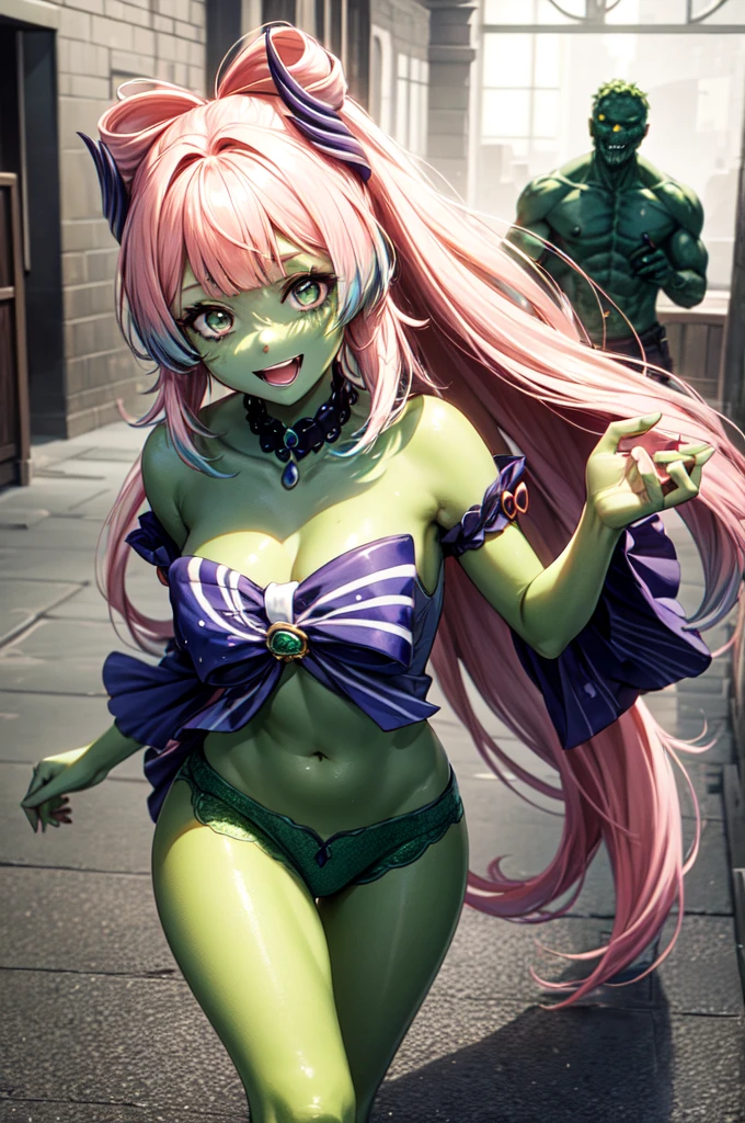 (((a girl))),(((green skin:1.3))),(medium hair),(pink color hair),(Black Sclera),((medium breasts)),((slender child)),((highest quality)), ((masterpiece)), (be familiar with), Perfect Face,succubus woman,Demon woman,demon horn,demon wing,demon tail,((crotch tattoo)),smile