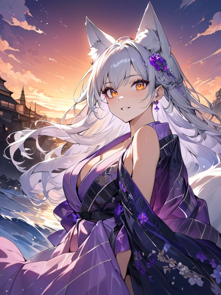 wolf girl, wolf ears, wolf tail, masterpiece:1.3,  anatomically correct:1.3, nsfw,  Ultra High Definition:1.3,  high definition facial:1.3, 4K:1.3, Focus: 35mm,  Fantastic Scenery :1.3,  Women's Outlines Shine,super fine illustration:1.1,  1 woman:1.3, solo:1.3,  cute face,  silver hair:1.3,  long hair:1.3,  big eyes,  Orange Eyes , A suspicious atmosphere, fair skin:1.2,  sexy,  glamorous ,  medium breasts:1.2, break, Gorgeous Kimono:1.3, Vivid patterns,  The color gradation of kimonos ,Crystal Rose Hair Ornaments :1.2, Slim Style,  hair color gradation ,  earrings for a woman alone:1.1,Thick black outline:1.3