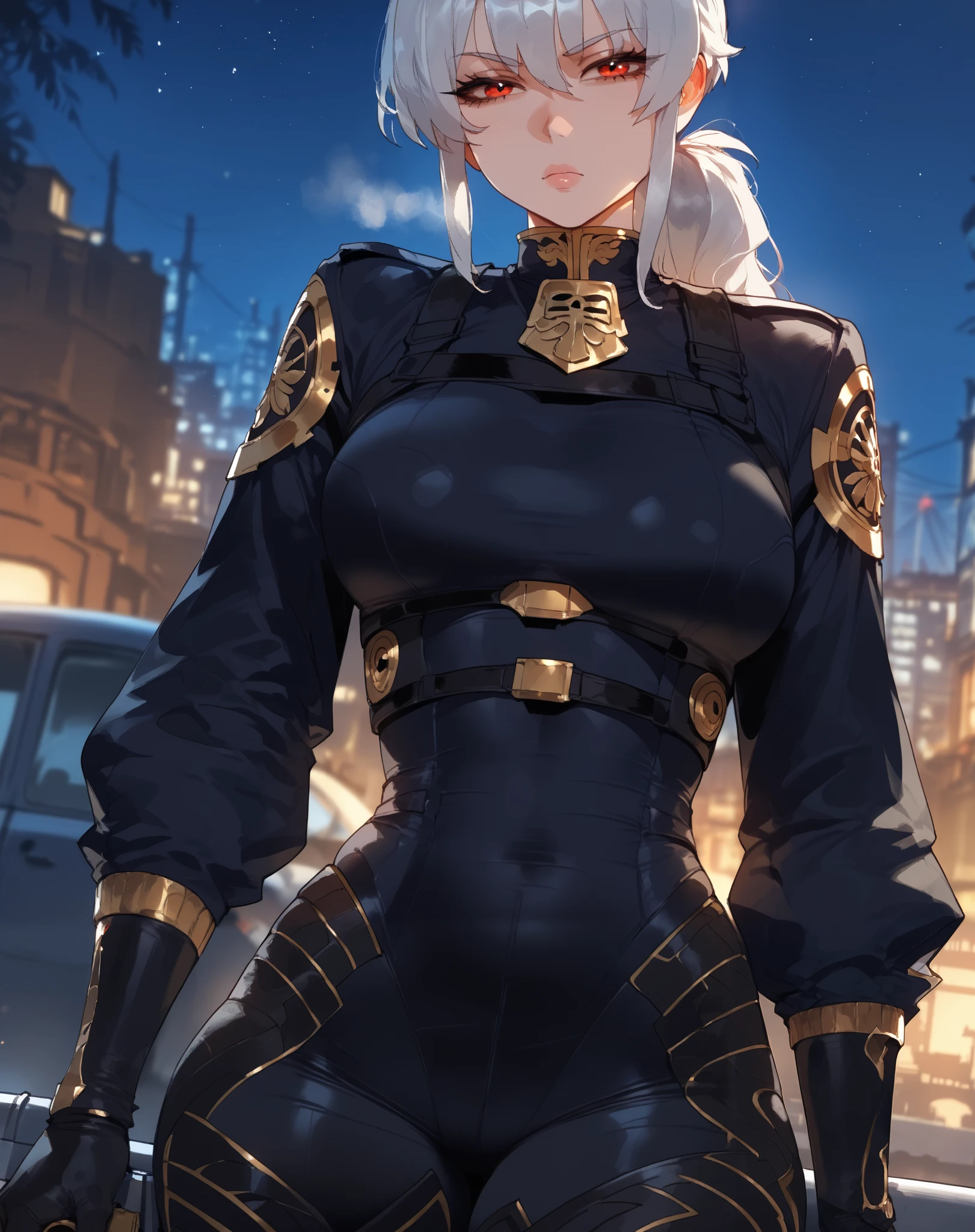{{Score_9, score_8_up, score_7_up, score_8_up, score_7_up. Artist: Nyong_Nyong. Looking at viewer, solo focus, Dutch angle, high angle, high resolution. Young woman, feminine, female. Black, grey, and red robotic body. Slim, slender, and curvaceous. Gray-skinned. Black patch over nose. Slender blue and red eyes. Long eyelashes. Unruly ponytail with very long, sharp bangs and fringes. Stern, composed, and serious. Holding a specialized pistol with a red beam. Night time, moon. Deep, dark shadows, dim surroundings, prominent shadows. Weaponized super-soldier. Cyber. High technology. Militaristic. Posing. Sitting in the back of a weaponized, black truck. Focused and concentrated. Elbows leaning on knees. Gleaming eye.}}