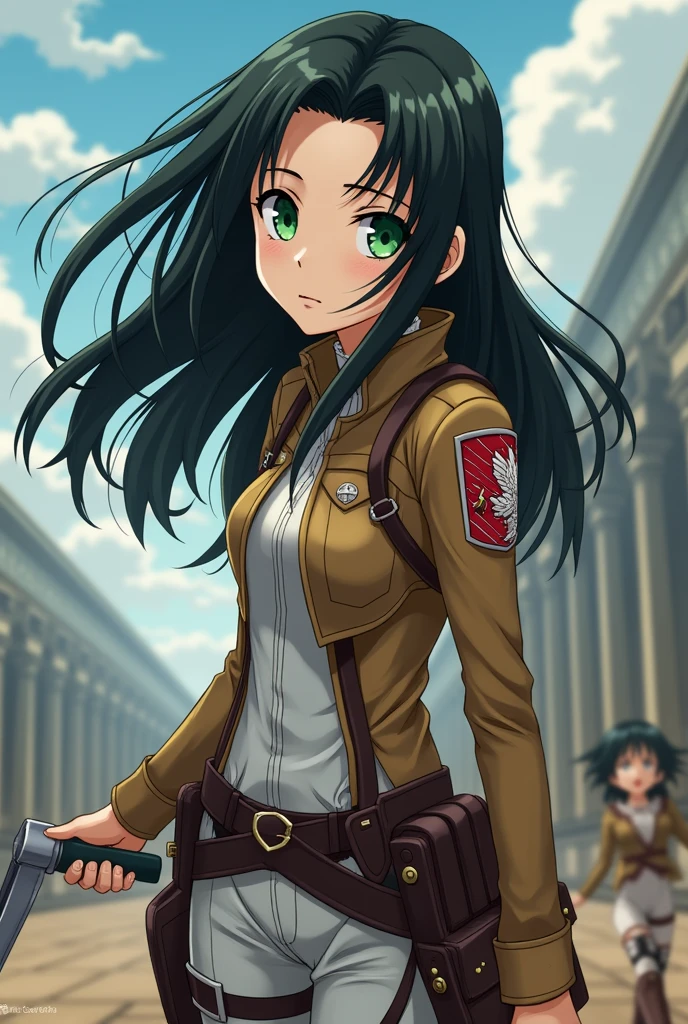 thin girl,  long black hair , WITHOUT FRINGE,  in the style of the anime snk ,  emerald eyes ,  white skin , with few freckles, thin nose, thick lips ,  long eyelashes that he is wearing the uniform of the legion of exploration, And killing titans from said anime 