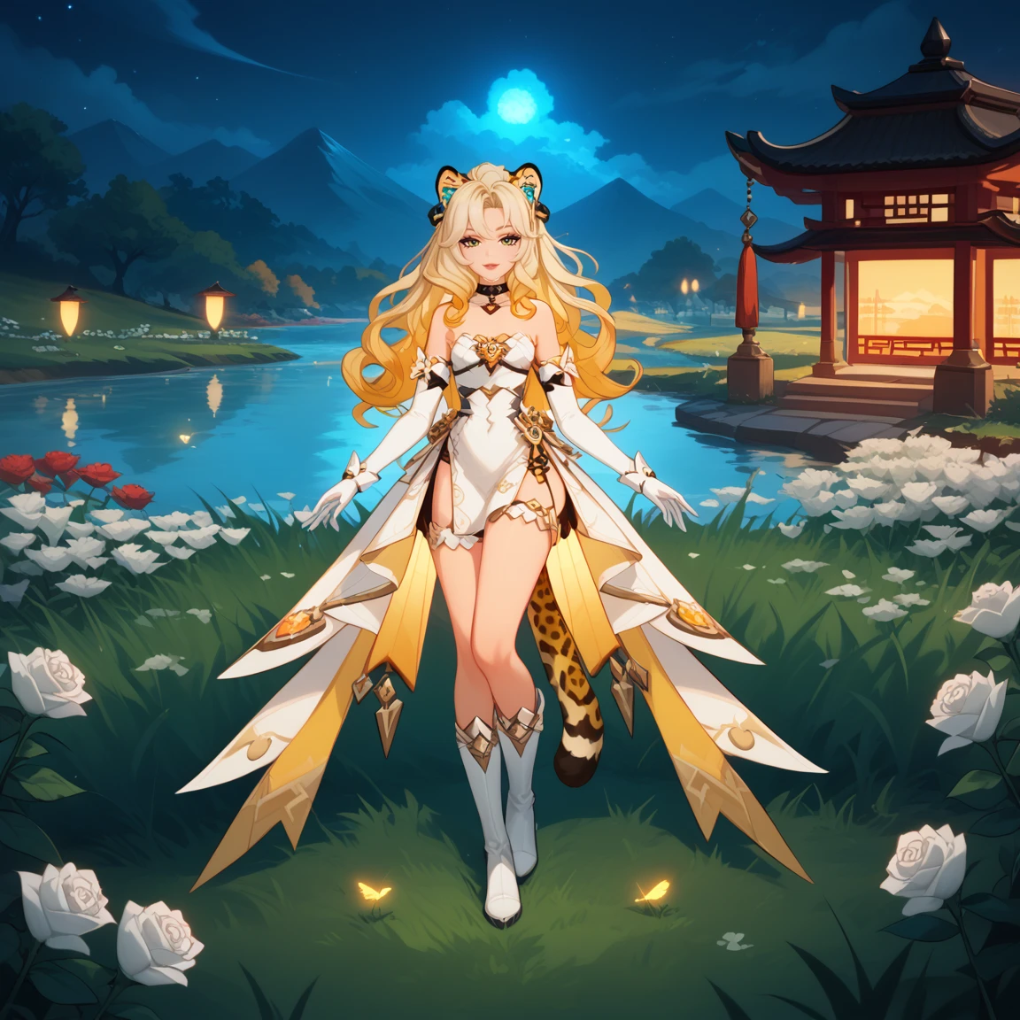 1girl, dress, jewelry, blonde hair, flowing hair, long hair, solo, white roses, jaguar ears, jaguar tail, firefly, oriental architecture, Chinese maid dress, yellow laces, white boots, gold details on her clothes, night, lake on the background, seat on the grass, a garden scenery, white roses, flowers, more details, perfectly body, perfectly hands, two hands, two legs, two arms, five fingers, glowing hair, best quality, gloves, white gloves, choker, detached sleeves, magical girl, white dress, strapless, skirt with layers, frills