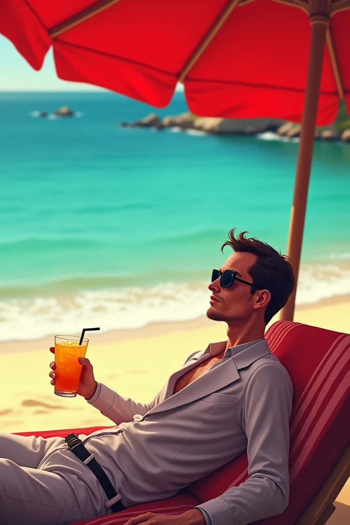 Asian male, 35 year old, dark brown crew cut hair, brown colored eyes, sunglasses, Hawaii colourful shirt and white pants, holding beer glass, the sunrise on the Algarve beach,  blue sky,  blue atmosphere 