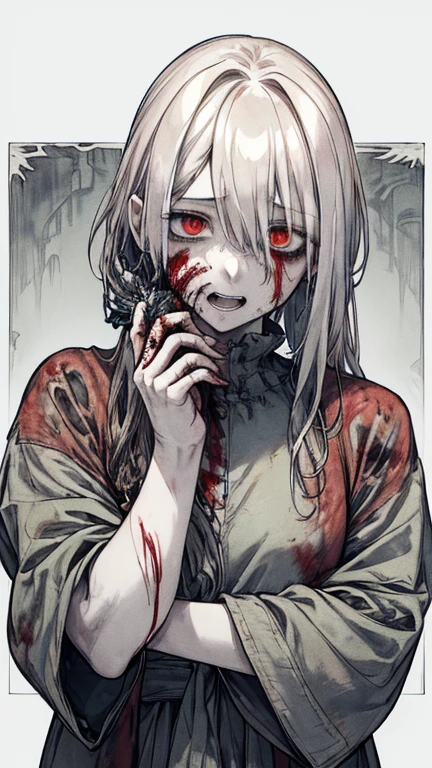(masterpiece:1.2, Highest quality), (Actual Photos, Intricate details), (1 female, 一人in, Upper Body, Small breasts) ,Scary atmosphere、Distorted facial expressions、Horror Art、Bloodの雨、Bloodを流す、Bloodしぶき、悪魔のeye、redいeye、scar、、火scar、whole body、破かれた奴隷Clothes、ボサボサのhairの毛、長いhair、eyeにかかる長さの前hair、、黒hair、(((eyeの下のクマ)))、青whiteいskin、Feeling unwell、Pathological、邪悪な笑face、狂ったeye、(Grin)Dramatic makeup,Create mixed media art、white色のbackground(zombie:1.2),Horror 1 Girl, 一人in, lupong_hair, Looking_in_Audience, Open_mouth, , red_eye, lupong_sleeve, white_background, 奴隷Clothes, white_hair, teeth, white_奴隷Clothes Torn_Clothes, Blood, Tilt_forward, colored_skin, bandage, Injury, Blood_upon_face, bandageを巻いた_arm, Blood_upon_Clothes, stitch, zombie, Torn_dress, Blood_upon_hand