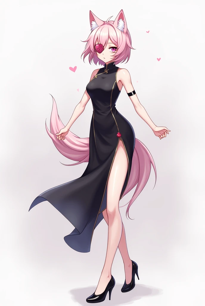  short pastel pink hair girl with bangs , wolf ears and wolf tail ,  heart-shaped patch that covers her left eye , wearing a tight black Chinese dress with high slit ,  neck her dress is long with opening on both legs, black heels and a tight black skirt under the dress