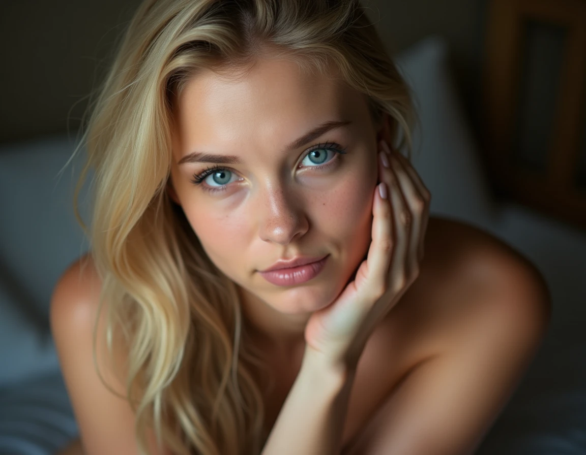 A photo-realistic image of an 22-year-old girl, blonde hair, at the bed, (1 girl), (extremely detailed CG Unity 8k wallpaper background), photo of the most beautiful works of art in the world, professionally majestic (photography by Steve McCurry), 8K UHD, digital SLR, soft lighting, high quality, film grain, sharp focus from Fujifilm XT3, f5.6, high detail, sharpness, spectacular, (looking at the viewer:1.2), (detailed pupils:1.3), (natural light).