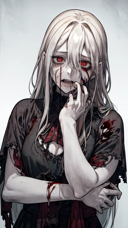 1girl, looking away, glowing eyes, green eyes, hand on own cheek, black t-shirt, black skirt, black socks, white and black shoes, dark and blue background, small hair, white hair, medium , full body, head phone, sharp fingernails, read fingernails, scary, mouth mask, wearing glasses, dark mirror, white full mon, blood on the ground, scary, 