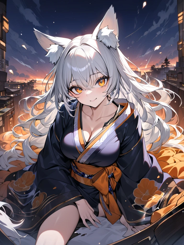 wolf ears, wolf tail, masterpiece:1.3,  anatomically correct:1.3, nsfw,  Ultra High Definition:1.3,  high definition facial:1.3, 4K:1.3, Focus: 35mm, Ruined Landscape:1.3,  Women's Outlines Shine,super fine illustration:1.2,  1 woman:1.3, solo:1.3,  cute face,  silver hair:1.3,  long hair:1.3,  big eyes,  Orange Eyes ,  lively atmosphere , fair skin:1.2,  glamorous ,  medium breasts:1.2, break, Luxurious Wolf Kimono :1.3, Vivid patterns,  Kimono Color Gradation,Rose hair ornament:1.2, Slim Style,  hair color gradation ,  earrings for a woman alone:1.1,Thick black outline:1.3