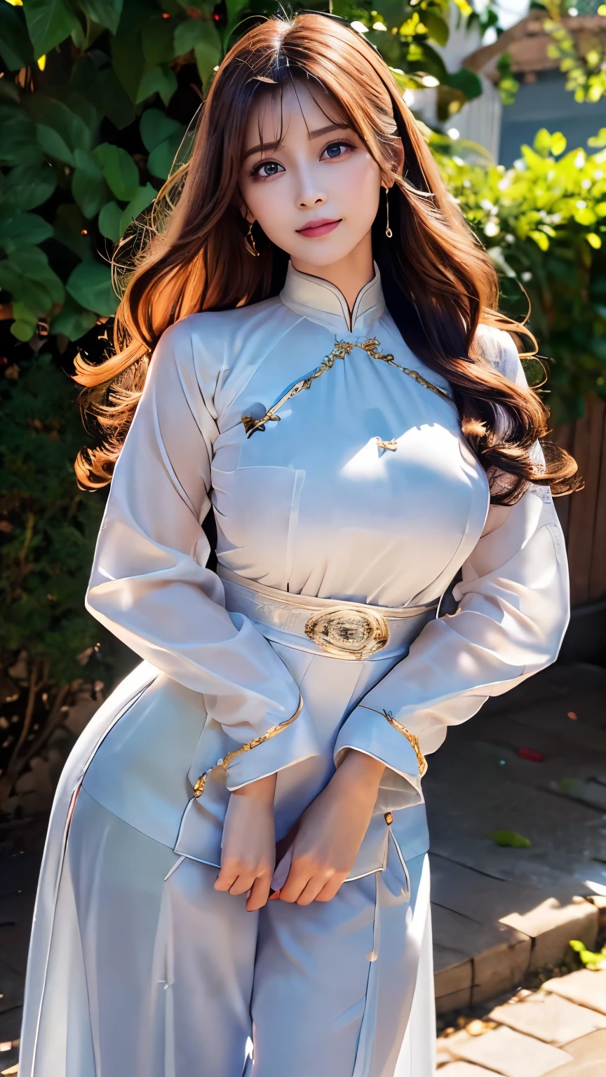 (((White background、White Blonde、forehead、White background、China dress、Ao Dai、Decoration、Frills、race、Cowboy Shot、30 year old mature woman、Mature face))), bright, Refreshing and gentle look, White Blondeのロングヘア,Beautiful and shiny hair, Very beautiful woman, eyeliner, So perfect and beautiful、Lovely large, clear, sky-blue eyes,Random pose