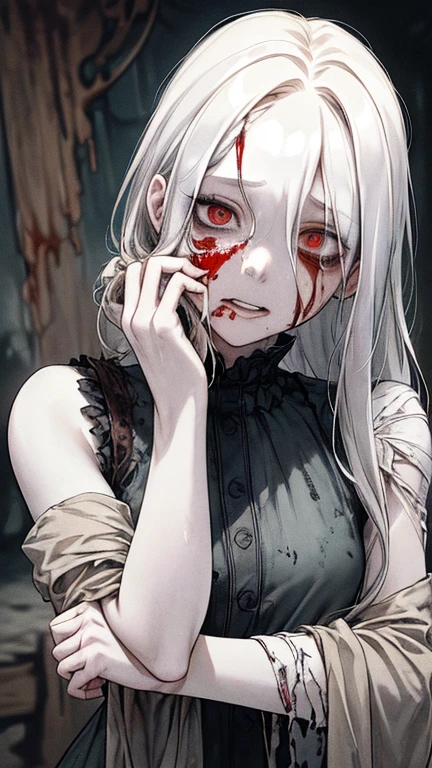 (masterpiece:1.2, Highest quality), (Actual Photos, Intricate details), (1 female, 一人in, Upper Body, Small breasts) ,Scary atmosphere、Distorted facial expressions、Horror Art、Bloodの雨、Bloodを流す、Bloodしぶき、悪魔のeye、redいeye、scar、、火scar、whole body、破かれた奴隷Clothes、ボサボサのhairの毛、長いhair、eyeにかかる長さの前hair、、黒hair、(((eyeの下のクマ)))、青whiteいskin、Feeling unwell、Pathological、邪悪な笑face、狂ったeye、(Grin)Dramatic makeup,Create mixed media art、white色のbackground(zombie:1.2),Horror 1 Girl, 一人in, lupong_hair, Looking_in_Audience, Open_mouth, , red_eye, lupong_sleeve, white_background, 奴隷Clothes, white_hair, teeth, white_奴隷Clothes 破れた_Clothes, Blood, Tilt_forward, colored_skin, bandage, Injury, Blood_upon_face, bandageを巻いた_arm, Blood_upon_Clothes, zombie, Blood_upon_hand
