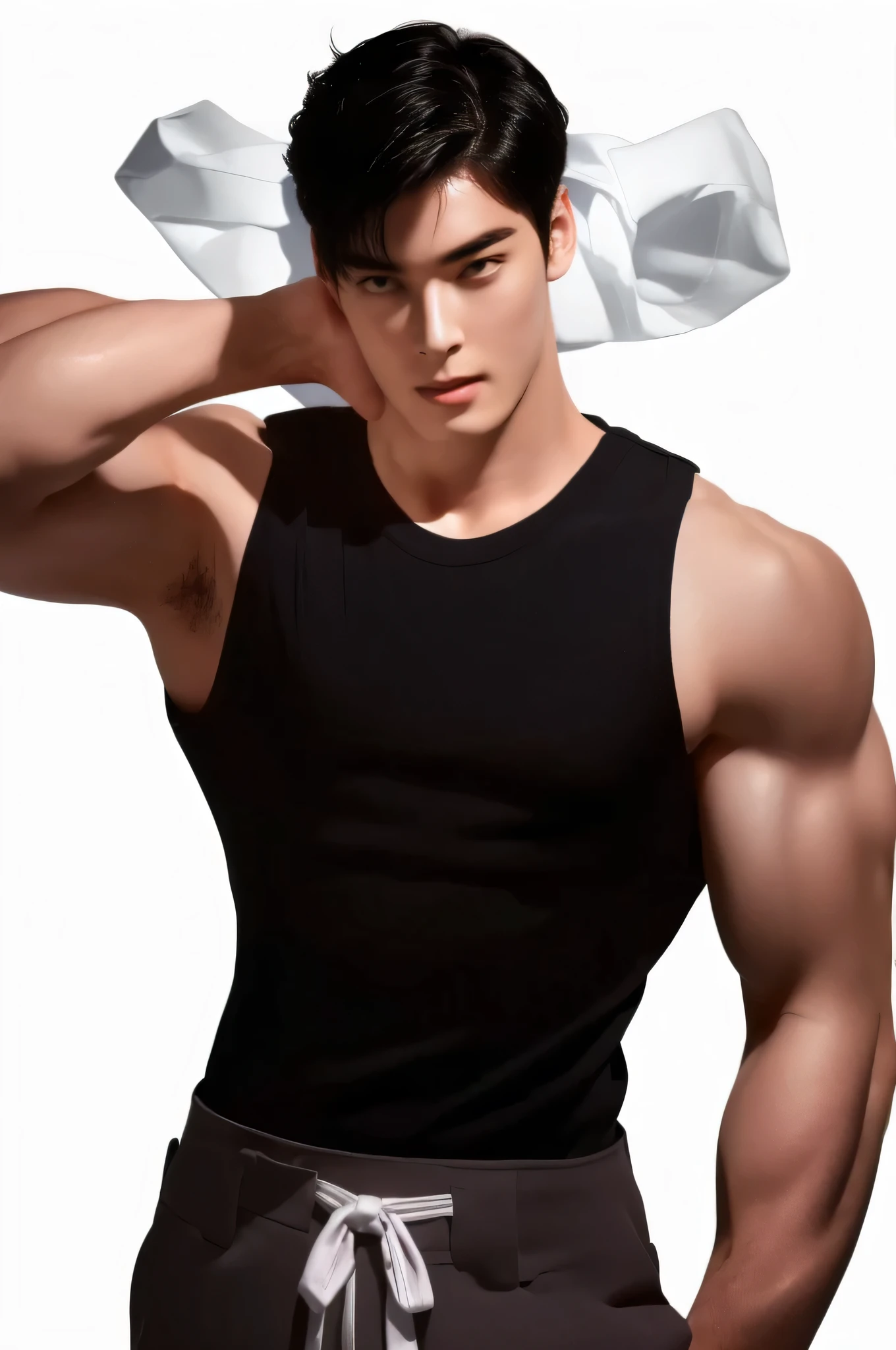 cha Eun woo, handsome men, adult male model, korea face, high resolution 8k, ultra detailed, hdr, hd face, eyes details, face detail, muscle realistic, black eyebrows, black eyelashes, perfect face, real skin texture, hand details, finger details, Real and complete hand details, glossy lip color, undercut hair, hair details, unreal engine, pink nipples, hd picture, black hair, blie eyes, white skin, eyelash details, guy with black hair and black tank top posing for a picture