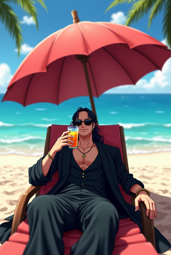 VCS, Vice City stories style loading screen, African femboy, dark_skin, tattoos all over him, sand colored cargo pants, topless, messy long hair, jungle beach, sitting on chair, drinking glass, explosion far away at sea