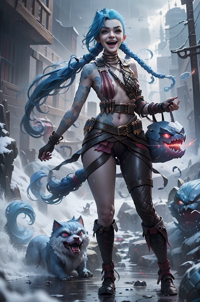 (Long-range shooting: 1.5), jinx \(league of legends\), (1girl，League of Legends Jinx)，(Scarlet eyes: 1.2, crazy laughter, Blue double ponytail hair: 1.5)，Kungfu，Wearing Doctor Strange costume，(Holding a particle laser cannon in hand，a revolver)，Aoshu crystal, Attack status，(Snowy mountain woods，surrounded by rain，League of Legends Game World)，Illustration style，The whole body is exposed to the rain for a long time，(exquisite facial features，Perfect hand features)，martial arts style，(Selective focusing，full body shot of，tmasterpiece，ultra - detailed，Epic work，highest  quality，8k，panorama, first-person view, atmospheric perspective, UHD, masterpiece, ccurate, anatomically correct, textured skin, high details, award winning, best quality), jinxlol