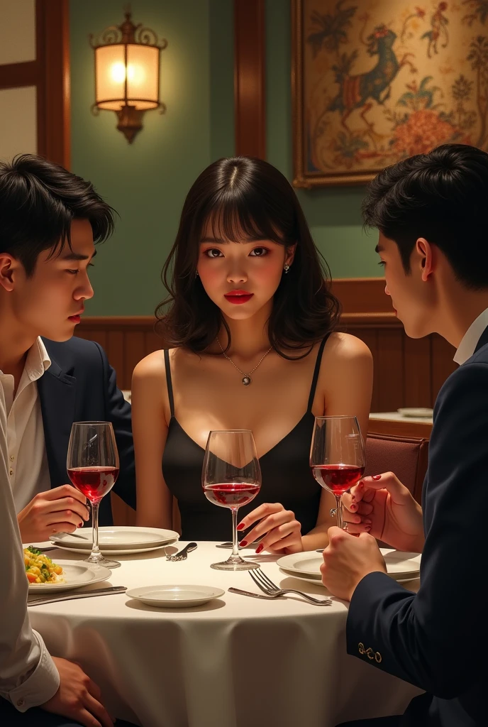 Real photo style、Realistic、Cute handsome man、Idol face、、Japanese、Slim body、Mash Hair、Completely naked、Full nudity、Crowded fine dining restaurant、Back view of a man pouring red wine from a bottle、Butt Exposed、Face turned to the side