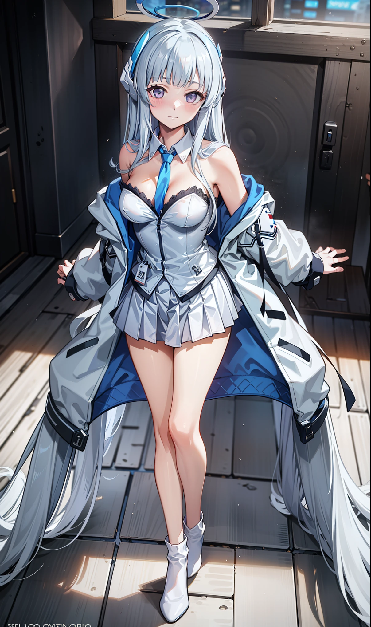 (Exquisite Ushio Noa), 8K, super high resolution, (masterpiece:1.2), (, delicate and beautiful eyes ), Extremely subtle, solitary, Real light and shadow, permanent, Natural Movement, rest (Blue tie, White Shirt , strapless, White jacket, Open front jacket, Long sleeve, white dress , Pleated Skirt, black stockings), Mechanical housing,arms,floating,In battle,