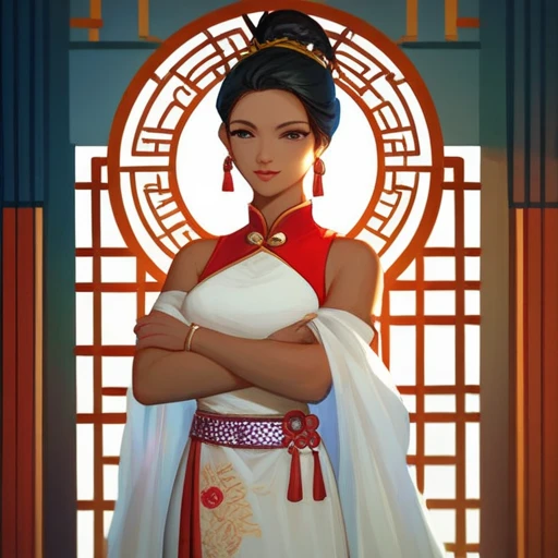 concubine, brown skin, and long black hair in an ancient chinese hairstyle, dressed in a flowy colorful hanfu dress, beautiful, adult woman, Solo, High Resolution, Masterpiece, Anatomically Correct, Accurate, Best Quality, Expert Lighting, Detail, Textured Skin, 