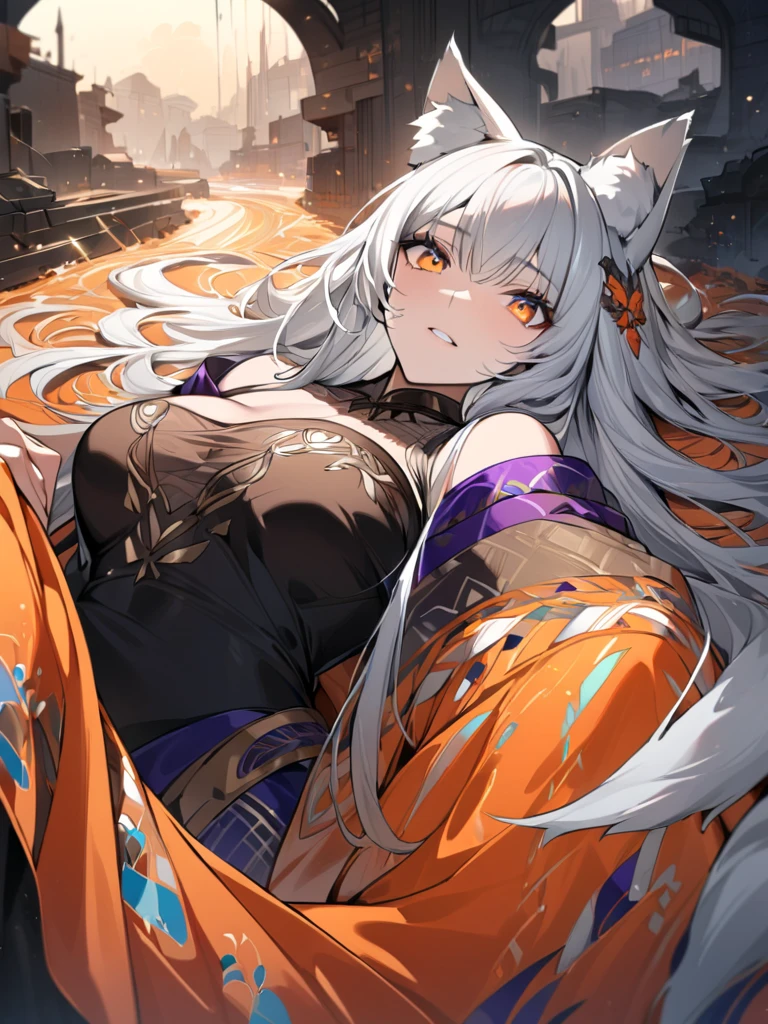 wolf ears, wolf tail, masterpiece:1.3,  anatomically correct:1.3, nsfw,  Ultra High Definition:1.3,  high definition facial:1.3, 4K:1.3, Focus: 35mm, Ruined Landscape:1.3,  Women's Outlines Shine,super fine illustration:1.2,  1 woman:1.3, solo:1.3,  cute face,  silver hair:1.3,  long hair:1.3,  big eyes,  Orange Eyes ,  lively atmosphere , fair skin:1.2,  glamorous ,  medium breasts:1.2,  lying down,break, Gorgeous Kimono:1.3, Vibrant embroidery, Kimono Color Gradation, Slim Style,  hair color gradation ,  earrings for a woman alone:1.1,Thick black outline:1.3