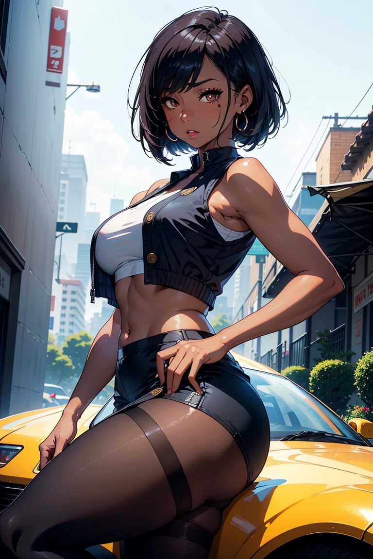 (masterpiece), best quality, perfect face, 1 woman, 1female, solo,detailed skin, tan skin, 1girl, solo, black hair, bangs, curvy, brown eyes, half closed eyes, black hair, bob cut, curly hair, messy hair, side bangs, medium breasts, dark-skinned female, dark skin, ((crop top vest)), suit outfit, ((press conference)), micro, badass, colombia flag, beautiful face, mascara, black eyeliner, lips, dynamic angle , absurdres, very aesthetic, best quality, masterpiece, pantyhose, skirt, suit, heels, earring, crossed arm, suit jacket on shoulders, sit, 