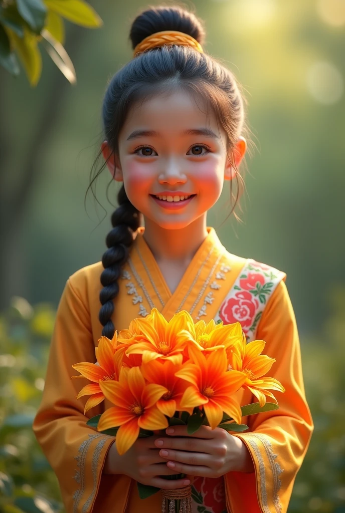 An indigenous child wearing their traditional clothing, holding a bouquet of oranges in their hand.
