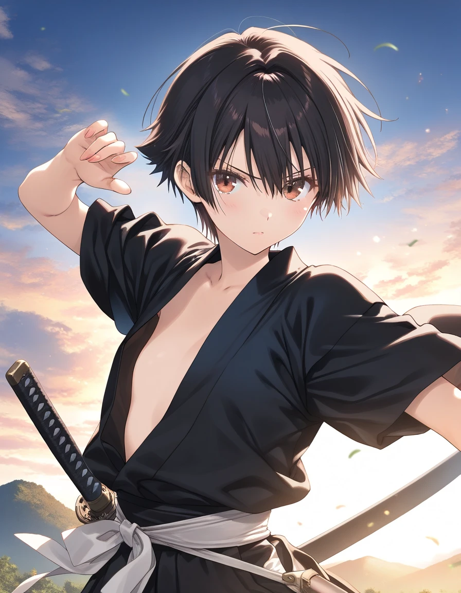 1girl, tomboy, samurai, flat chest, beautiful detailed eyes, katana, fighting pose, battoujutsu, outdoors,wind, fantasy, game CG, break,((artist:mitsumi_misato)),(artist:fujiyama),(artist:suzumori),(masterpiece), (best quality), (ultra-detailed), very aesthetic, newest, beauty illustration,super detailed skin, (masterpiece), (best quality), (ultra-detailed), very aesthetic lighting,newest ,hi res,absurd_res,2023,shaded,digital media (artwork), realistic lighting, 4k, 8k, 