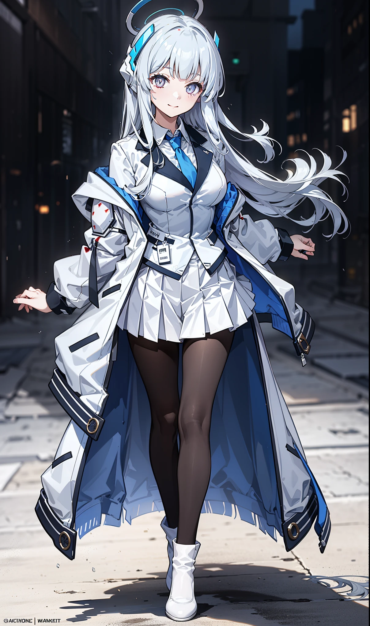 (Exquisite Ushio Noa), 8K, super high resolution, (masterpiece:1.2), (, delicate and beautiful eyes ), Extremely subtle, solitary, Real light and shadow, permanent, Natural Movement, rest (Blue tie, White Shirt , strapless, White jacket, Open front jacket, Long sleeve, white dress , Pleated Skirt, black stockings), Mechanical housing,arms,floating,In battle,