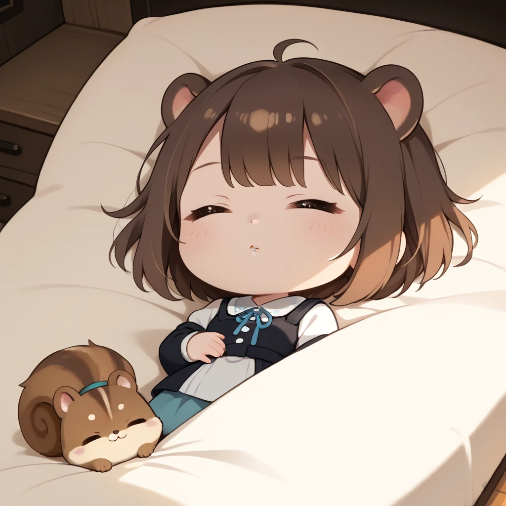 (1 chibi girl, solo:1.3), cute, big droopy eyes, brown eyes, brown hair,
squirrel ears, squirrel tail, sleeping, lie on own side, closed eyes,
dynamic angle, dynamic lighting, pastel, (masterpiece, best quality, hyper detailed:1.2),