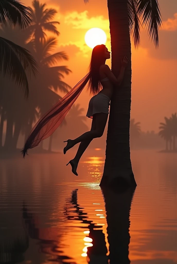 photorealistic girl cling  to a big tree, trippy sunset with perfect reflection  on the water, long flowing tulle scarf around neck, flawless legs and heels, wrapped in towel, long black hair, drammatic lights, looking to viewer, full circle orange sun