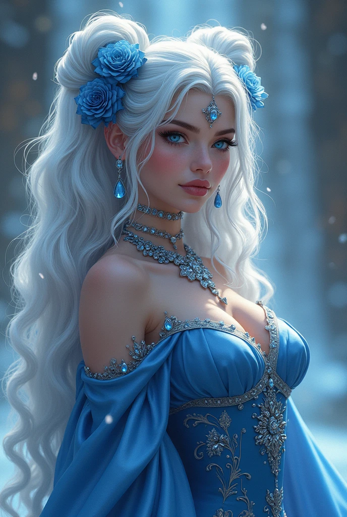 This is realistic (((fantasy))) artwork set in the frozen blue rose garden of an enchanted ice castle in winter and should consist of many shades of cold blue colors. It is snowing heavily. Generate a proud woman with a (((highly detailed face))) dressed in the billowing folds of a stunning French silk ballgown. The woman's elegant face is ((((highly detailed, with realistic features and soft, puffy lips.)))) The ballgown is embellished with ruffles, sashes, and bows and a delicately, but intricately, hand-embroidered bodice. The corset features silk ribbon. She is wearing Victorian royal winter outer clothes. The woman's stunning eyes are beautifully detailed, featuring realistic shading and multiple colors, and in high resolution. The woman is in a garden of eternal roses, each one beautifully formed and highly detailed. These realistic blue roses feature shimmering shades of light blue, dark blue, silver, and glimmering blue-purple. The eternal rose is a deep shade of periwinkle with shimmering iridescent overtones and undertones. Ensure that the woman's face, hair, and eyes are perfect. realism, high fantasy, whimsical fantasy, storybook fantasy, fairytale fantasy, fantasy details, enchanting, bewitching, 8k, hires, CGI, digital painting, unity, unreal engine, (((masterpiece))), intricate, elegant, highly detailed, majestic, digital photography, art by artgerm and ruan jia and Greg Rutkowski, (masterpiece, finely detailed beautiful eyes: 1.2), hdr, realistic skin texture, (((1woman))), (((solo))), Include a highly detailed face, extremely detailed face, and interesting background.