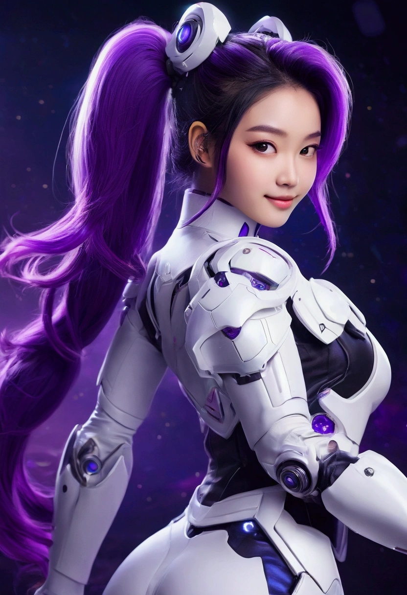 real photo of a semi curvy built woman with super long vibrant purple flowy double ponytails, wearing a nana inspired outfit (mecha baby skin) from the game mobile legends (white mechanical suit with minimal black details), cute semi sideview pose, looking straight at the camera, smiling, high resolution, glow effects, cinematic effect, marvel comics style art, black galaxy background