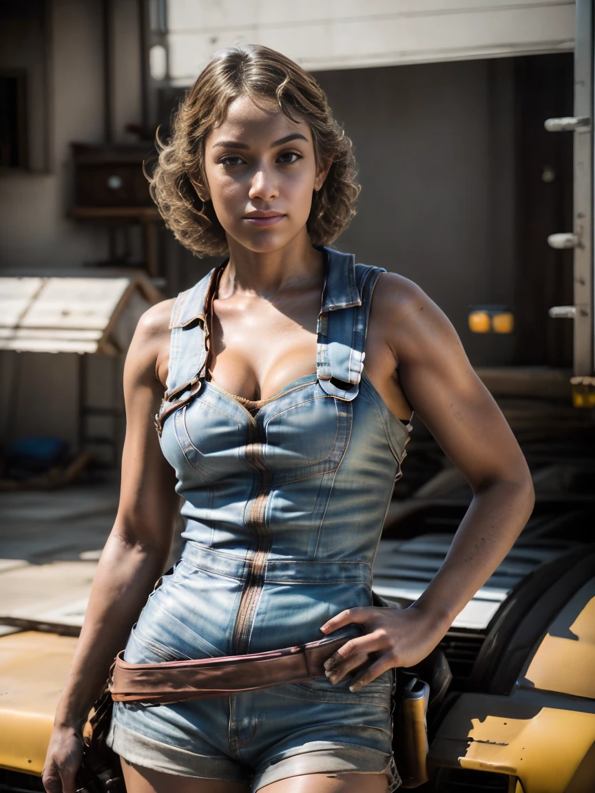 A sexy female mechanic, sexy torn mechanic overalls, bare midriff, pin-up aesthetic, high detail face, high detail skin, 8, HDR, high resolution, photo-realistic, cinematic lighting, depth of field, bokeh, rim lighting, backlit, cool colours, night