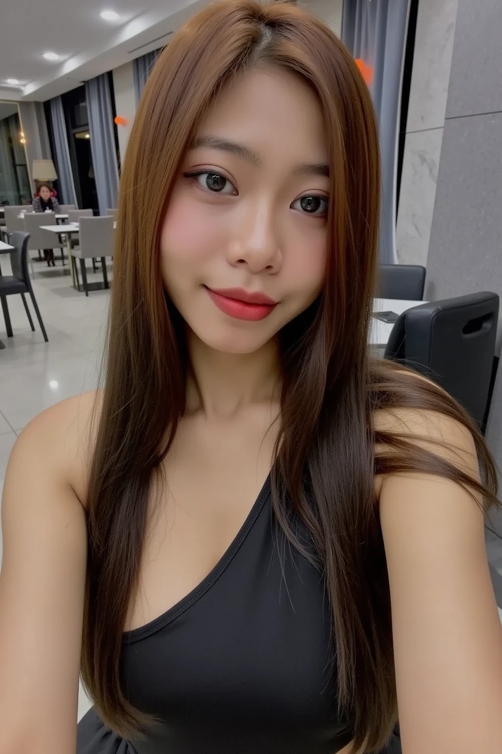 A busty lady wearing high-end fashion brand clothing, sitting in a luxurious Chinese restaurant with two American female friends at night. Selfie from the first perspective. (Fair skin without makeup)