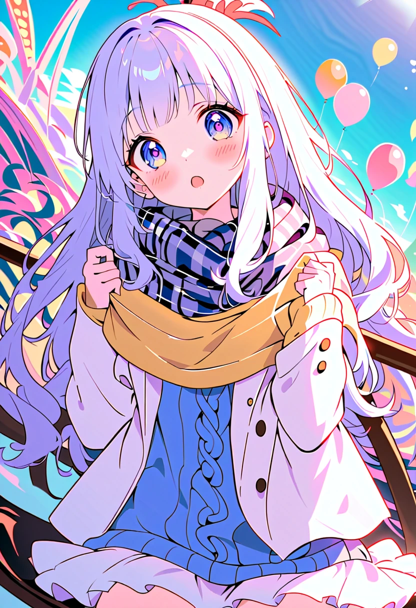  masterpiece, best quality, extremely detailed, (illustration, official art: 1.1), 1 girl, (((light blue long hair)))), ((( long hair))), light blue hair,, long hair ((blush)) , cute face, big eyes, masterpiece, best quality, (((a very delicate and beautiful girl)))), amazing, beautiful detailed eyes, blunt bangs (((little delicate girl)))), tareme (true beautiful: 1.2), sense of depth, dynamic angle,, (((tareme))), (true beautiful: 1.2), (tiny 1girl model: 1.2) (flat chest), masterpiece, best quality, high quality, illustration, high detail, newest, absurdres,highres,4k, BREAK girls playing at amusement park, sitting bench, Eating Candy, Ferris wheel, roller coaster, balloon, colorful, smile duffle coat, scarf, white skirt, city, {{{{{snow}}}}}, {{{masterpiece}}}, {{{best quality}}}, {{{very aesthetic}}}, {{{ultra-detailed}}}, {illustration}, {{{extremely detailed}}},embarrased,
BREAK　earrings,(blush :1.1),(Unbuttoned long Coat:1.1),cable-knit sweater,skirt, plaid Scarf ,Casual fashion,head tilt,looking at viewer,open mouth smile,:o,( round eyes:1.1) ,perspective,(back alleys:1.1) 