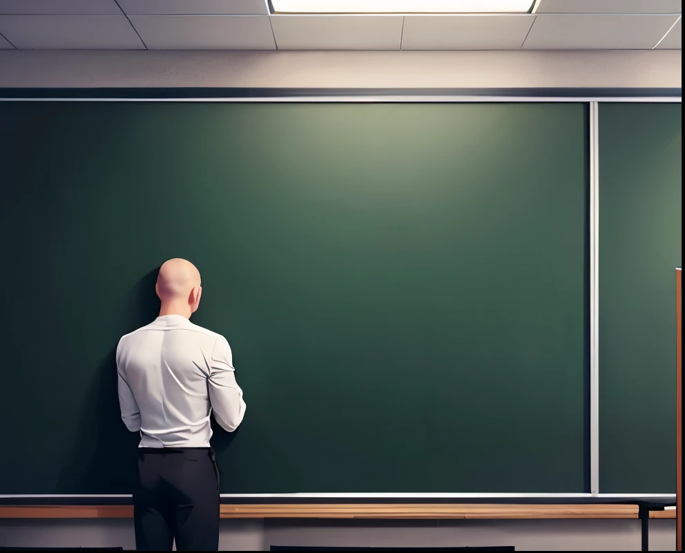 Male teacher writing on blackboard, stands on the far left facing the blackboard in a lecture room with no one, trying to write something,1 person ,((look back,Look this way)),shaved head, Japanese, Muscular,Wear a gray suit,180 cm 100 kg , handsome,Round Glasses,Talking