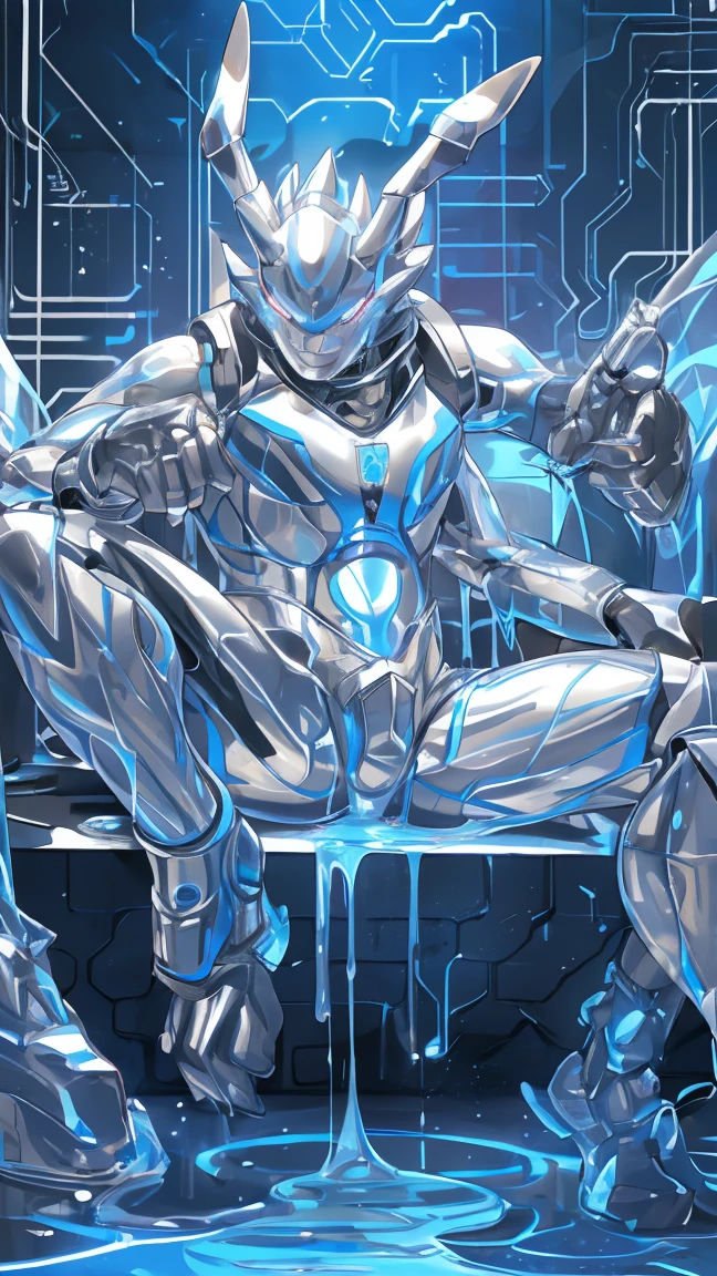 male, Synthesizer , metal silver slime body,  silver metallic sticky mucus , sticky skin ,sticky skin,Machine Tool , Android,  Gold Kazma . King Kazma（Summer War ）
.Luminous body,male, network Hive. Full Body Mechanical Bodysuit . Mechanical Lion  . full-body photo . Liquid Metal Mecha Cover .silver metal bodysuit, Glossy Metallic Bodysuit ,  Evil Smile . blue glowing eyes.Details Skin Digimon ,Blue Glowing Streak . Neon Light Tattoo ,Intricate skin details, Smooth Reflective Leather .Sitting position.legs spread..liquid metal pool.liquid metal tentacle.INSECT NESTS.Big crotch bag.erect.absorption, goo skin, silver slime, enamel,unrecognizable ,Transform  ,,melt,Tentacles,gender.Drooling.. full-body photo .Excited.clear hands and feet .. silver metallic sticky mucus , sticky skin ,goo leather ,  silver smooth leather.Tentacles纏繞身體.黏糊糊Tentacles纏繞身體