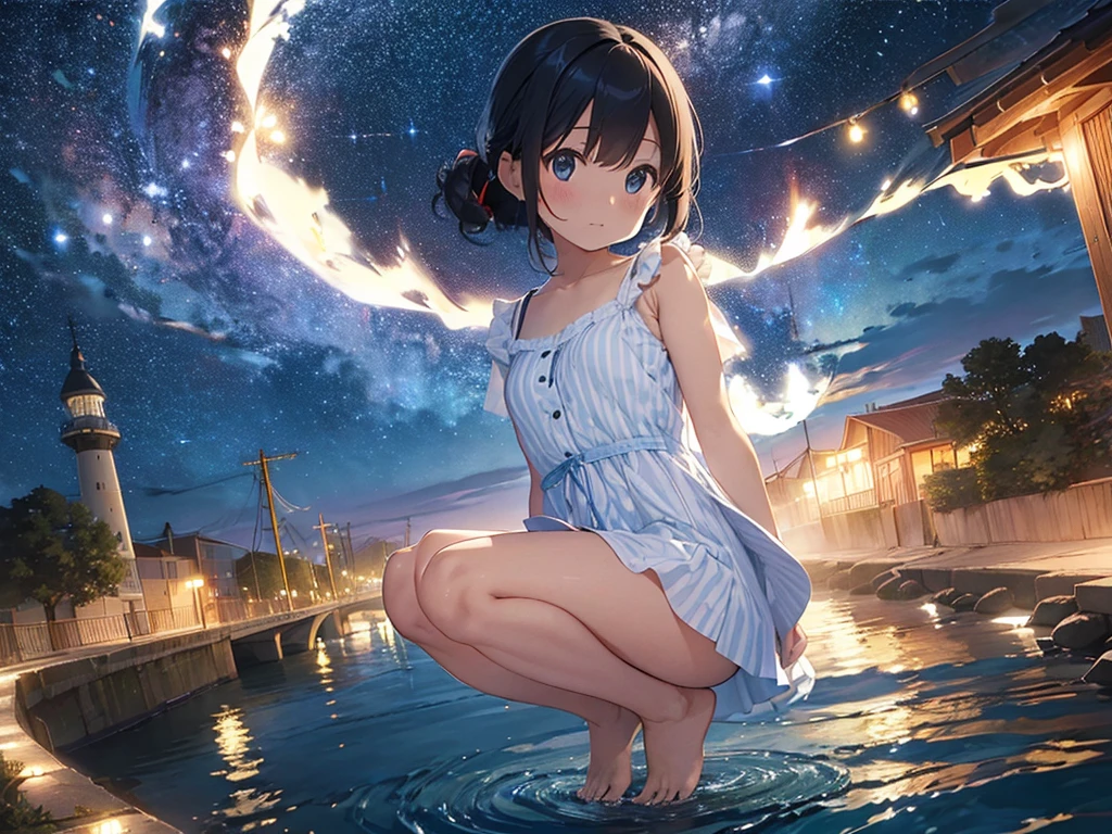 Big Dipper、Night view of the port town and starry sky 、 blue and white vertical striped shirt dress 、 barefoot sandals 、Sisters、ワンピースがふわりとめくれてCute white underwearが見える、Cute white underwear