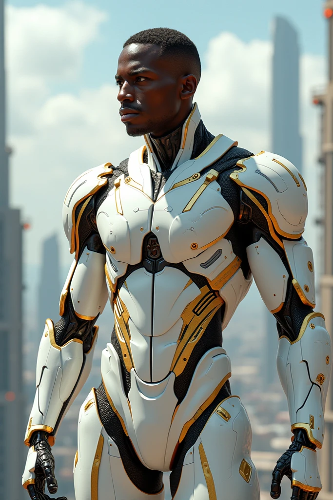 denzel washington with Malcolm-X Glasses, cabelos cacheados, fantasia sombria, homem negro, Brown skin, homem 45 anos wearing a mechanical suit, intrincado, (golden steel poolished metal), elegante, obra-prima, ((rua)), pilotando em uma moto futuristica.
