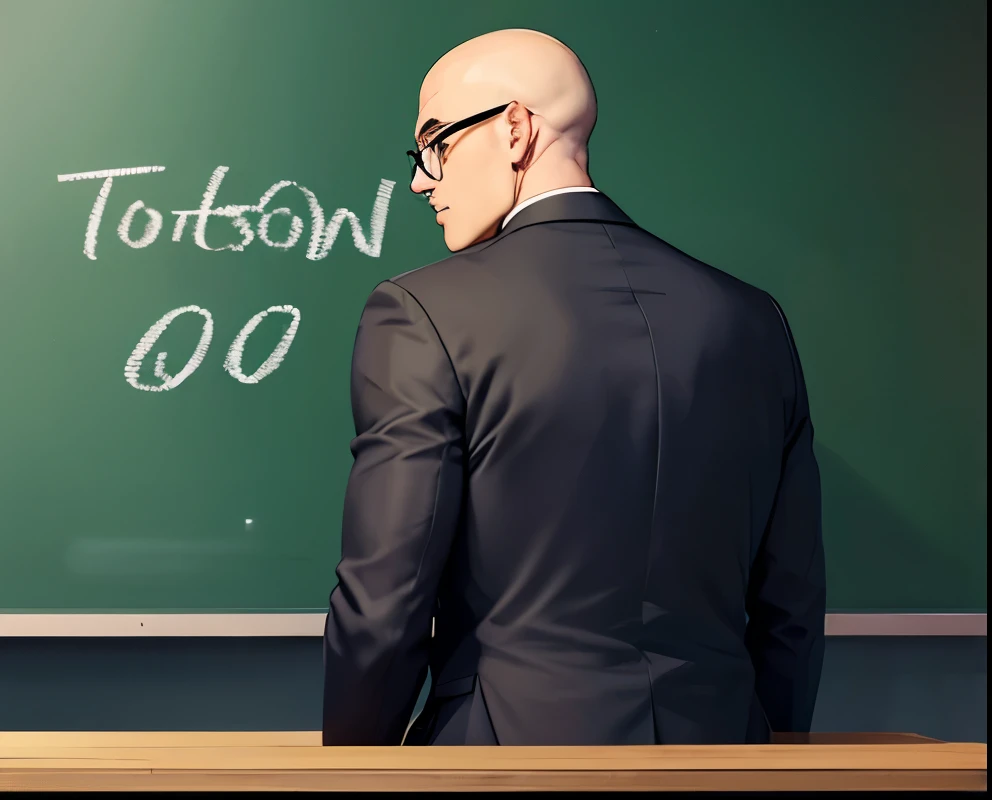 Male teacher writing on blackboard, stands on the far left facing the blackboard in a lecture room with no one, trying to write something,1 person ,((look back,Look this way:1.1)),shaved head, Japanese, Muscular,Wear a gray suit,180 cm 100 kg , handsome,Round Glasses,(Talking:1.03)