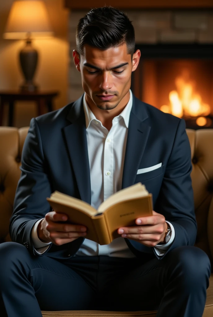 Ronaldo in a suit, small head, extremely detailed skin, reading seated on sofa, in front of fireplace, blurred background.