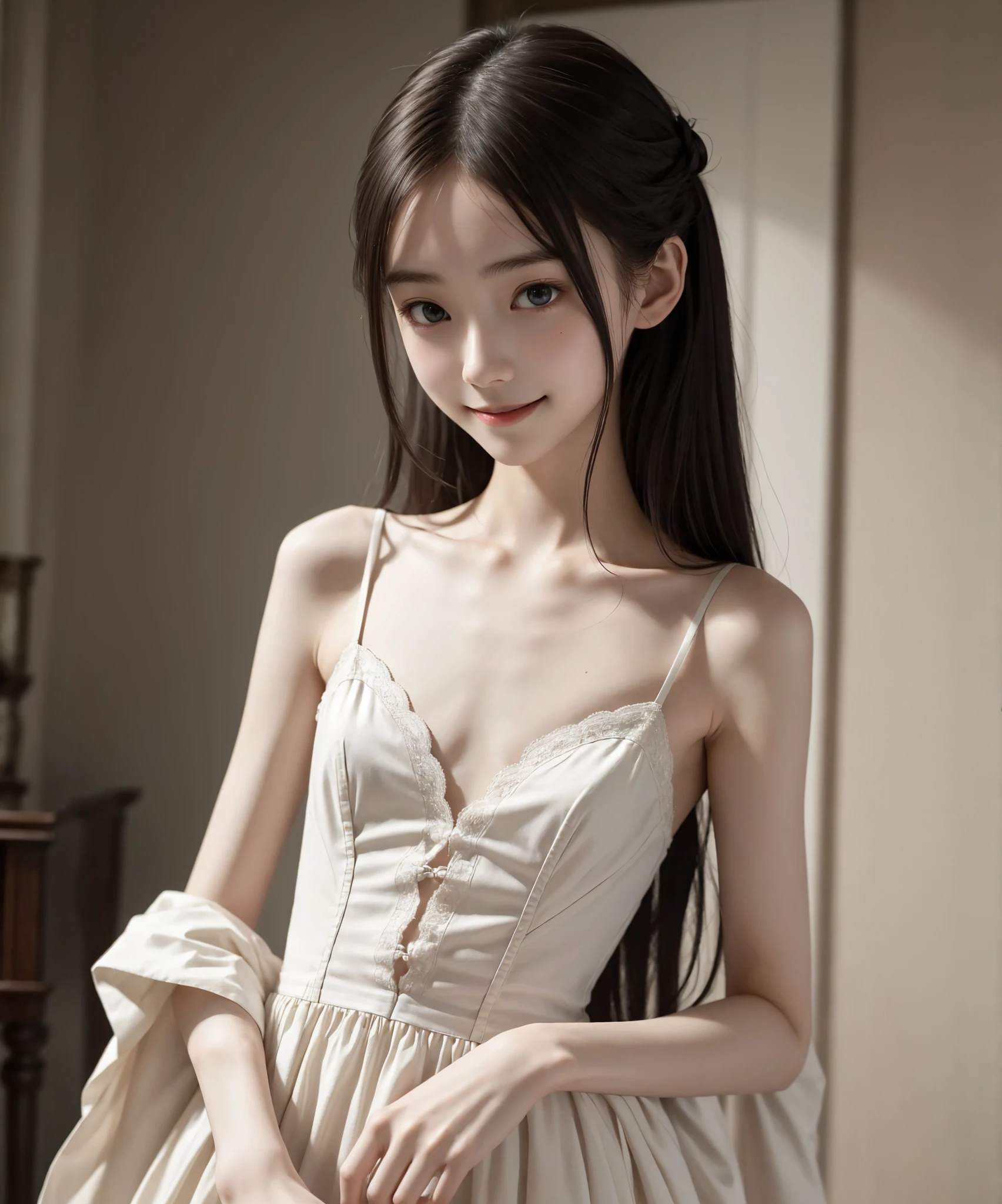 Thin arms,Narrow shoulders,delicate, very skinny ,公式art,  Unity 8k Wallpaper,  super detailed, beautiful, beautiful, masterpiece,  best quality, Darkness,  vibe, mystery, Romanticism, Creepy, literature, art, fashion,  victorian , race,  supernatural ,smile, white skin