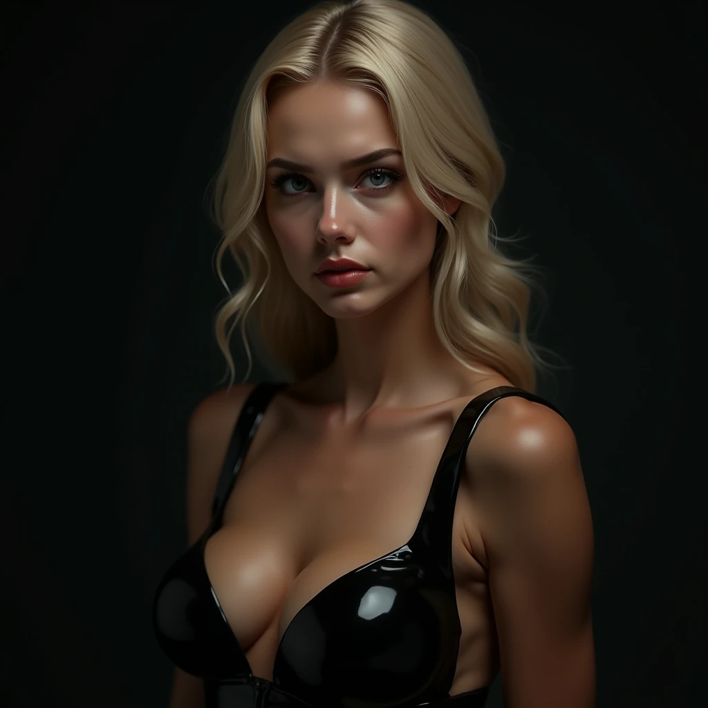 woman pretty, blonde, slicked back blonde hair , big breast, sexy, pale skin , eyeliner ,foxy eyeliner , makeup ,pale woman painting, beautiful light deep focus, elegant, digital painting, smooth, dramatic lighting , 8k, art , black background,black background, black wallpaper