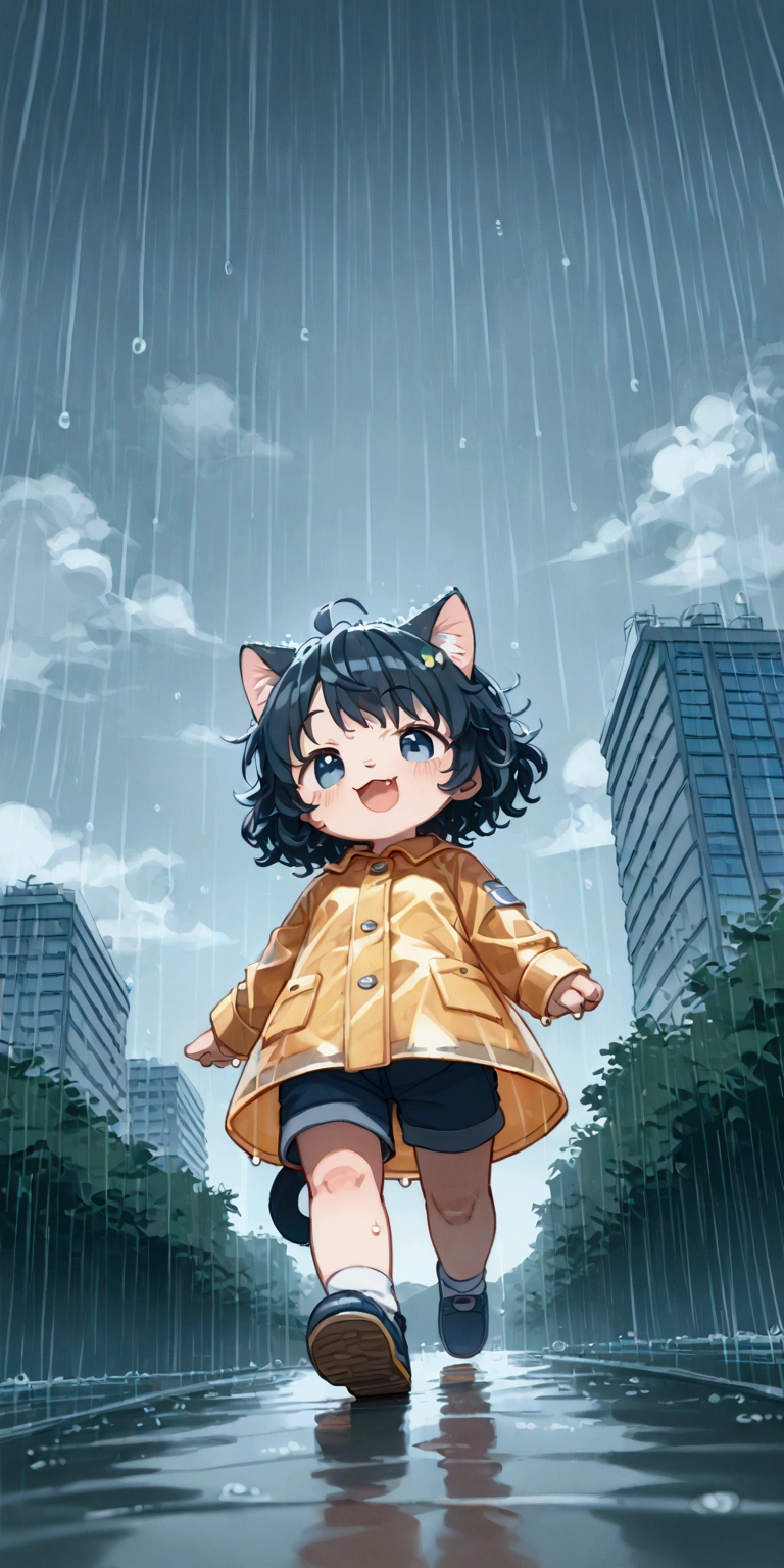 heavy storm,wind,(heavy rain:1.5), (big raindrops:1.5), (rainy sky:1.5),(many rain ripples:1.3). 1girl/((catgirl:1.3),(furry:1.2),kemono,(chibi:1.2),cat ear,cat eye,cute, kawaii,hair floating, hair shining brightly, curly hair, short hair, messy hair, eye color cosmic, big eyes, (dynamic angle:1.4),(from below:1.4), long shot,short pants,(Walking:1.5) dynamically, (steps:1.3), skipping, (walk heavy steps:1.4),(big smile:1.3),open mouth,fangs,wet hair, wet, cute raincoat,happy,dynamic,in distance,full body,floating,looking up\) .background\(heavy rain, dark sky, beautiful waterdrops, long shot,city\),(from below:1.7),(ground level shot:1.7),(from directly below:1.7). score_9, score_8_up, score_7_up, score_6_up, score_5_up, score_4_up, source_anime,source_furry,rating_safe,rating_questionable,masterpiece, best quality, perfect anatomy , very aesthetic , absurdres,,realistic rain, high speed shutter, (fisheye lens), (focus on waterdrops), (landscape of sky:1.5), (dynamic angle:1.3),(long shot),(wide shot)