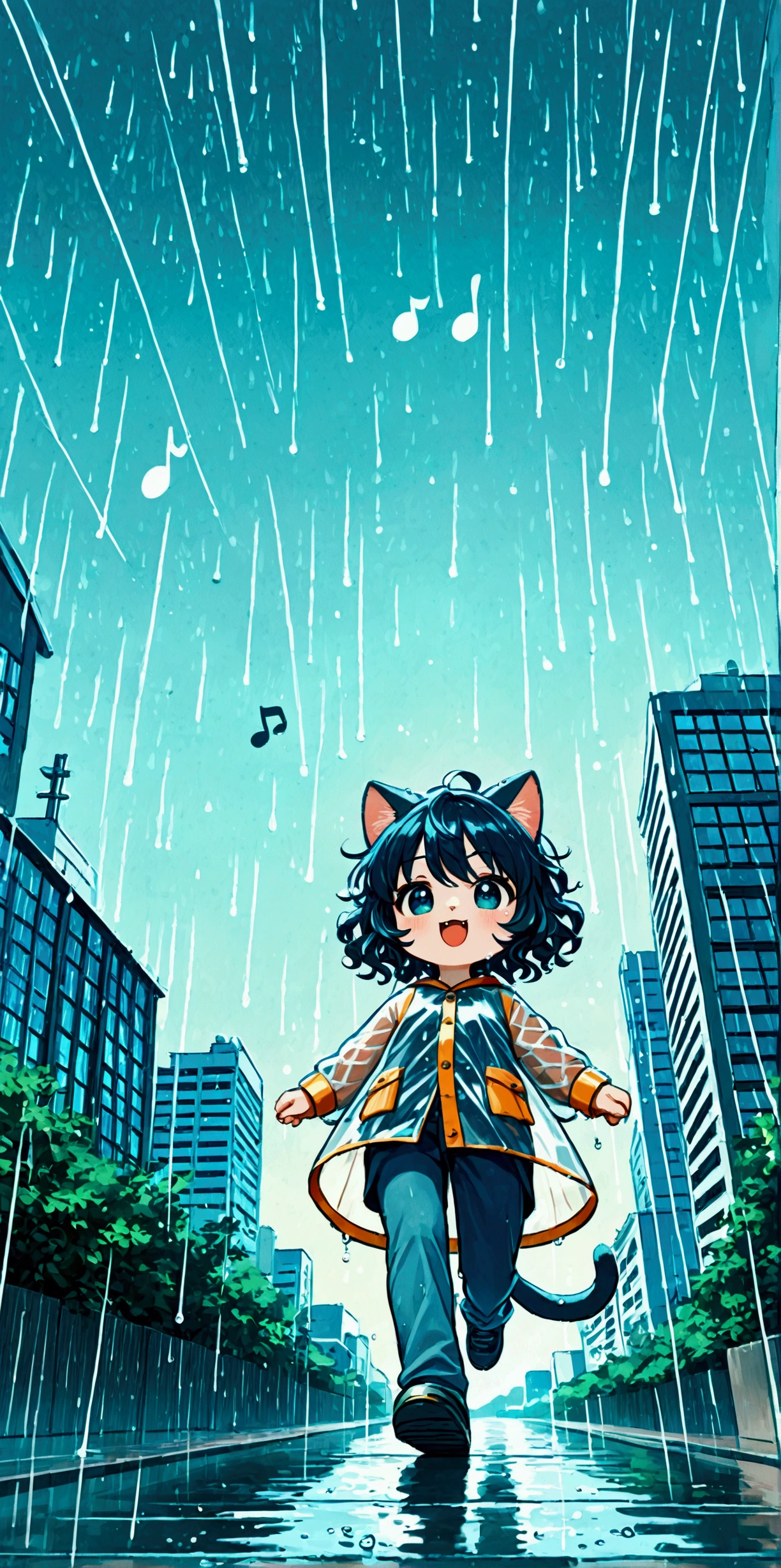 
heavy storm,wind,(heavy rain:1.5), (big raindrops:1.5), (rainy sky:1.5),(many rain ripples:1.3). 1girl/((catgirl:1.3),(furry:1.2),kemono,(chibi:1.2),cat ear,cat eye,cute, kawaii,hair floating, hair shining brightly, curly hair, short hair, messy hair, eye color cosmic, big eyes, (dynamic angle:1.4),(from below:1.4), long shot,girly shirts,short pants,(Walking:1.5) dynamically, (steps:1.3), skipping, (walk heavy steps:1.4),(big smile:1.3),open mouth,fangs,wet hair, cute raincoat,happy,dynamic,in distance,full body,floating,looking up,(many colorful music notes:1.3)\) .background\(heavy rain, dark sky, beautiful waterdrops, long shot,city\),(from below:1.7),(ground level shot:1.7),(from directly below:1.7). score_9, score_8_up, score_7_up, score_6_up, score_5_up, score_4_up, source_anime,source_furry,rating_safe,rating_questionable,masterpiece, best quality, perfect anatomy , very aesthetic , absurdres,,realistic rain, high speed shutter, (fisheye lens), (focus on waterdrops), (landscape of sky:1.5), (dynamic angle:1.3),(long shot),(wide shot)