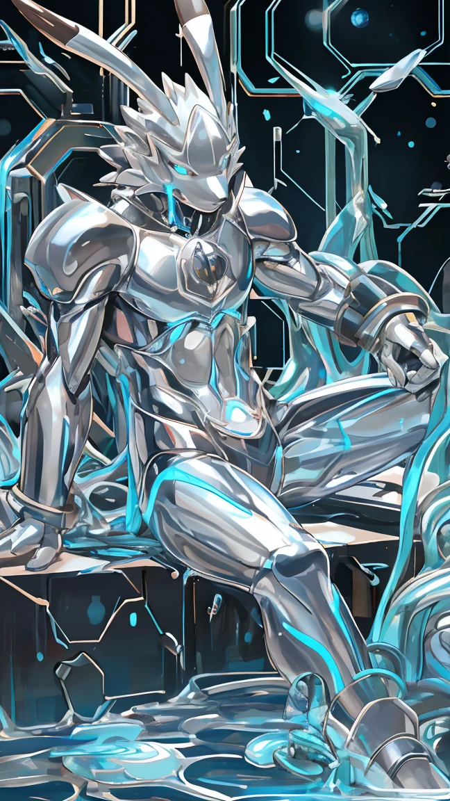 male, Synthesizer , metal silver slime body,  silver metallic sticky mucus , sticky skin ,sticky skin,Machine Tool , Android,  Gold Kazma . King Kazma（Summer War ）kingkazma ，， rabbit form ，male， front view，solo，human，Implicit ，whole body
.Luminous body,male, network Hive.whole body机械紧身衣. Mechanical Lion  .whole body照片. Liquid Metal Mecha Cover .silver metal bodysuit, Glossy Metallic Bodysuit ,  Evil Smile . blue glowing eyes.Details Skin Digimon ,Blue Glowing Streak . Neon Light Tattoo ,Intricate skin details, Smooth Reflective Leather .Sitting position.legs spread..liquid metal pool.liquid metal tentacle.INSECT NESTS.Big crotch bag.erect.absorption, goo skin, silver slime, enamel,unrecognizable ,Transform  ,,melt,Tentacles,gender.Drooling..whole body照片.Excited.clear hands and feet .. silver metallic sticky mucus , sticky skin ,goo leather ,  silver smooth leather.Tentacles纏繞身體.黏糊糊Tentacles纏繞身體