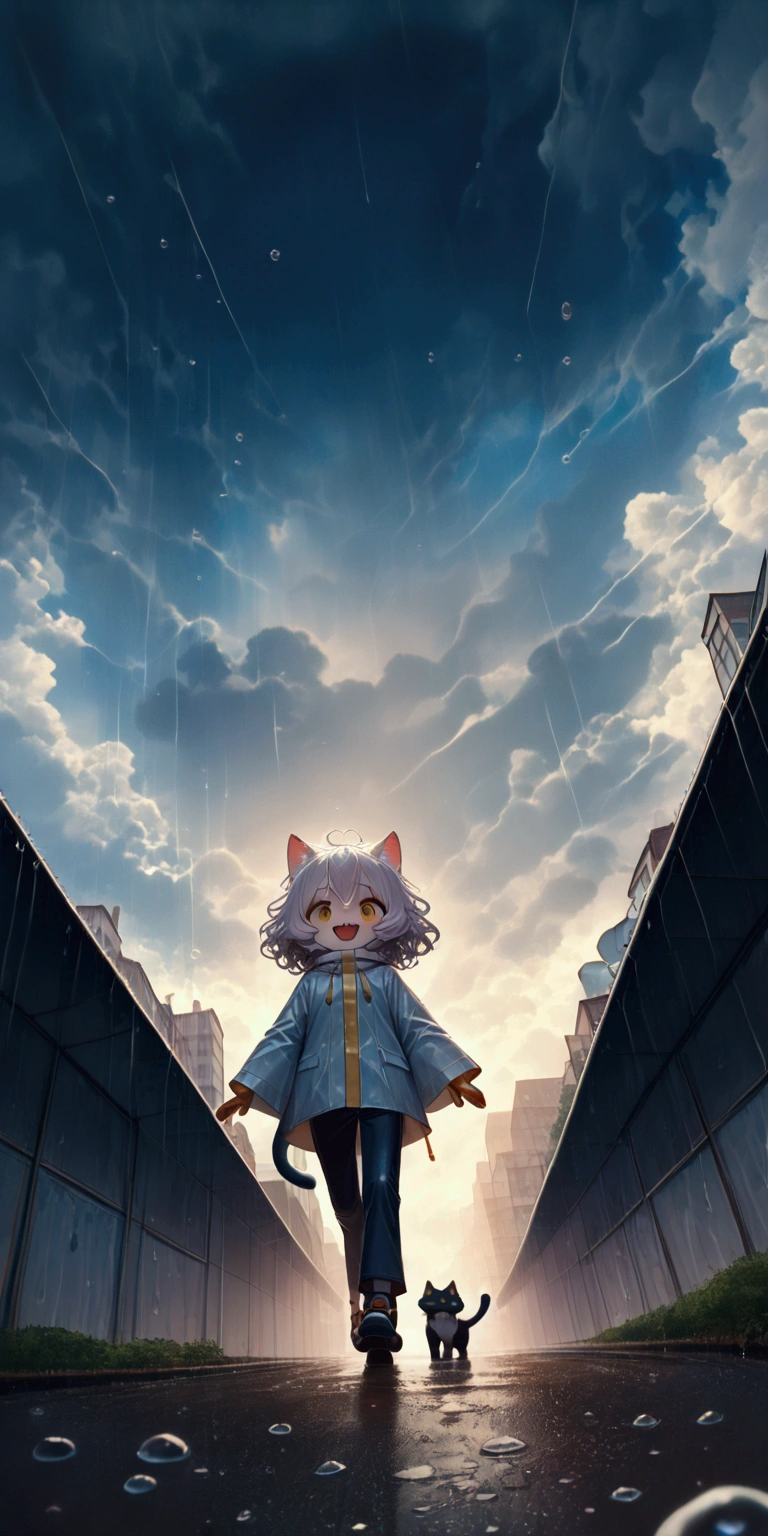 heavy storm,wind,(heavy rain:1.3), (big raindrops:1.4), (rainy sky),(many rain ripples:1.3). 1girl/((catgirl:1.3),(furry:1.2),kemono,(chibi:1.2),cat ear,cat eye,cute, kawaii,hair floating, hair shining brightly, curly hair, short hair, messy hair, eye color cosmic, big eyes, (dynamic angle:1.4),(from below:1.4), long shot,short pants,(Walking:1.5) dynamically, (steps:1.3), (walk heavy steps:1.4),(big smile:1.3),open mouth,fangs,wet hair, wet, cute raincoat,happy,dynamic,in distance,full body,(many colorful music notes:1.3)\). BREAK .background\(heavy rain, dark sky, beautiful waterdrops, long shot\),(from below:1.7),(ground level shot:1.7),(from directly below:1.7). BREAK .quality\(8k,wallpaper of extremely detailed CG unit, high resolution, top-quality, top-quality real texture skin, hyper realistic, increase the resolution, RAW photos, best quality, highly detailed, the wallpaper, golden ratio, high saturation realism, vibrant colors, dramatic lighting, persuasive storytelling, atmospheric scenery, captivating visuals, intricate details, strong emotions, dreamlike world\),realistic rain, high speed shutter, (fisheye lens), (focus on waterdrops), (landscape of sky:1.5), (dynamic angle:1.3),(long shot),(wide shot)