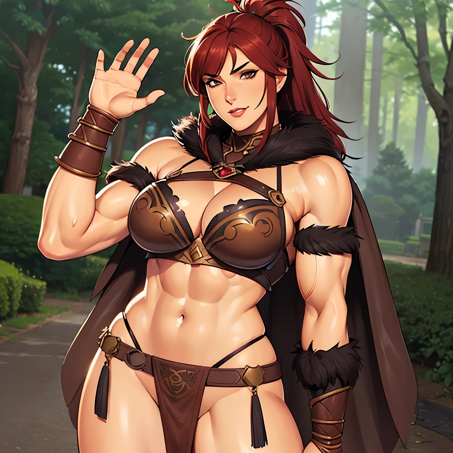 ( best quality:1.2),(  perfect beautiful face with a sword around her waist :1.2),( perfect and beautiful posture :1.2), (( fantasy world,  meet at the village square )), ((Female Barbarian , barbarian_woman, armor)), Muscular, Tall, Crimson Hair ,  ponytail hair ,  black eyeshadow, ( magical armor with decorations, Wear a fur cape ),  looking at the camera, (mature female), Waving, smile