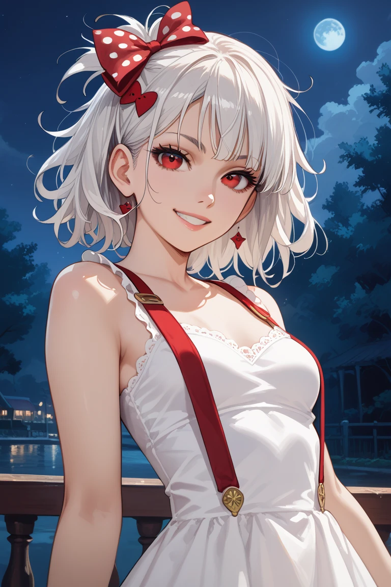 masterpiece, official art, 1girl, solo, small girl, white hair, red eyes, messy hair, hair ornament, hair bows, suspenders, fujiwara no mokou, dress, closeup, portrait, small breasts, standing, view from front, countryside, at night, looking at viewer, upper body, smile, seductive, alluring attire, open shoulders